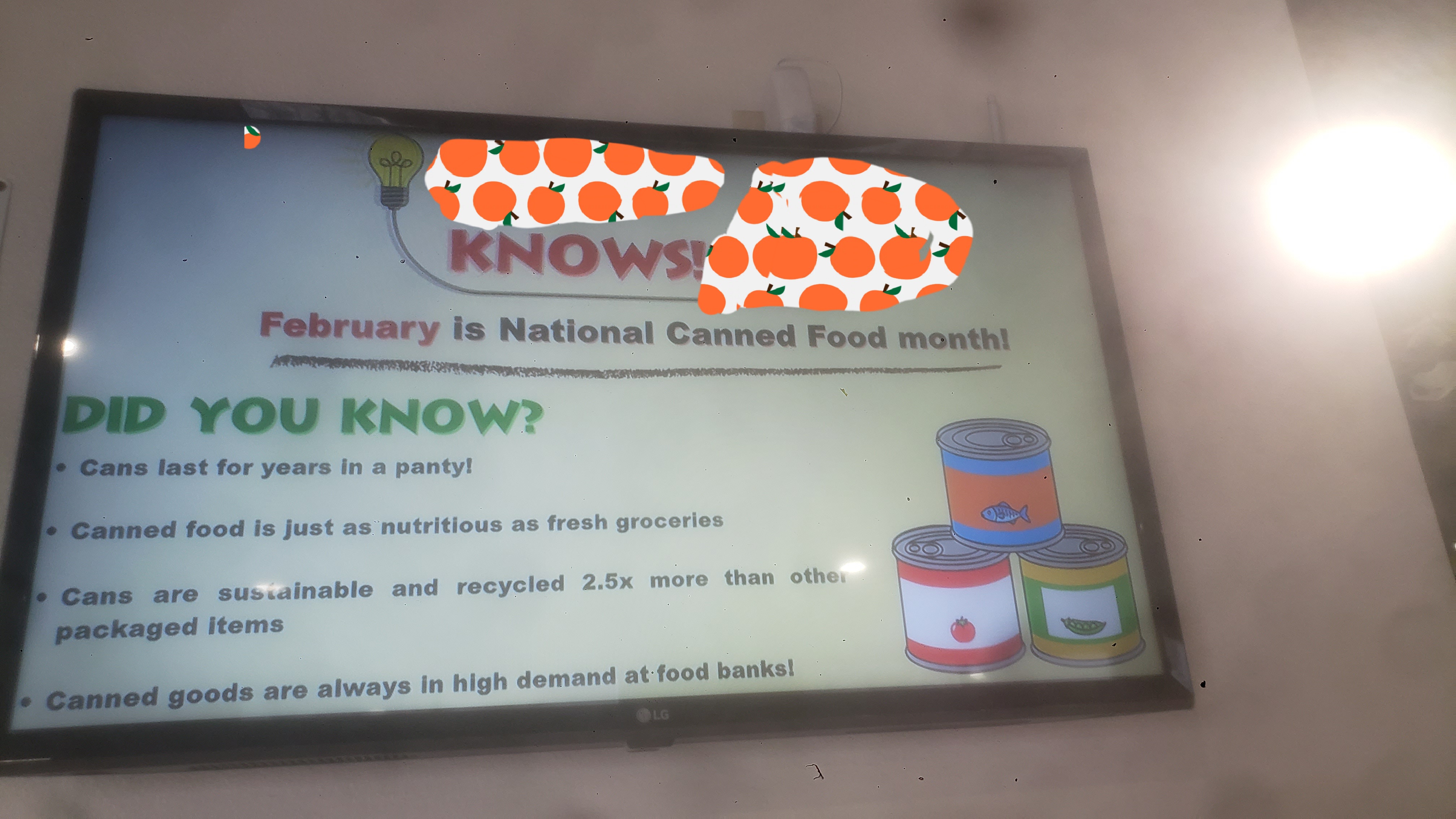 TV screen talking how February is national canned goods months and facts about canned goods.